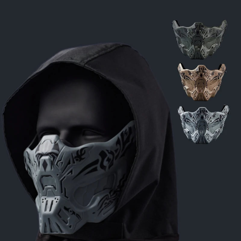 A tactical silicone half-face mask shown in various shades and angles against a dark background.