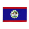 A flag with a blue field, red stripe across the top and bottom, and a central circular emblem featuring figures and text.