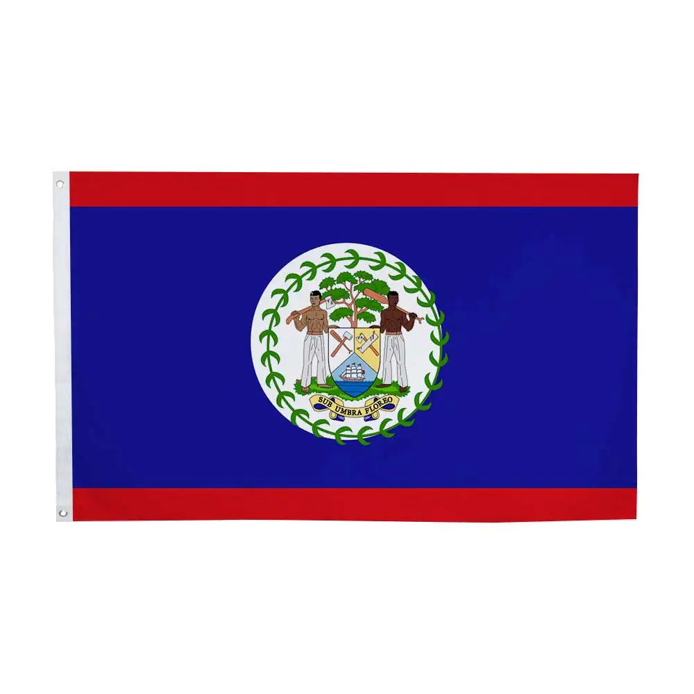 A flag with a blue field, red stripe across the top and bottom, and a central circular emblem featuring figures and text.