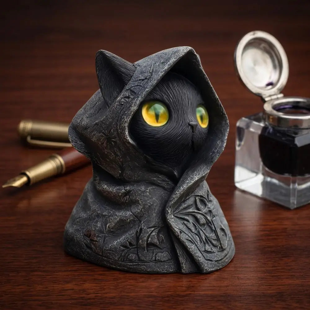 A dark gray gothic hooded cat statue with glowing yellow eyes sits on a wooden surface next to a glass vial.