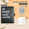 Black Envelope Savings book binder with a challenge tracker card and four-cell inner pages