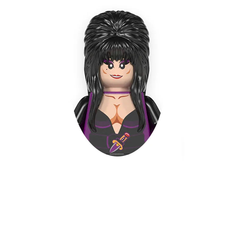 Horror movie icon building blocks set featuring a female character with dark hair and purple accents