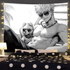 Anime tapestry wall hanging featuring Gojo Satoru with sunglasses and a bear, displayed in a bedroom setting.