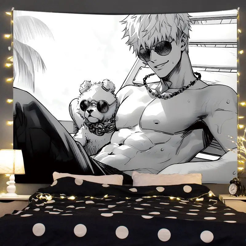 Anime tapestry wall hanging featuring Gojo Satoru with sunglasses and a bear, displayed in a bedroom setting.