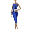 A handmade doll dress gown in royal blue satin with white trim displayed on a mannequin.