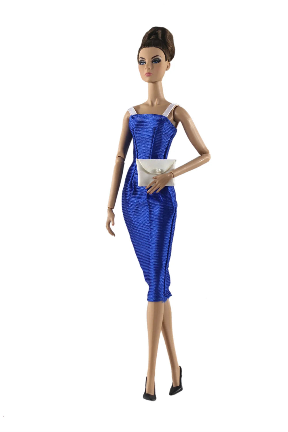 A handmade doll dress gown in royal blue satin with white trim displayed on a mannequin.