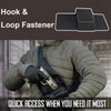 A hand is shown using a Hook & Loop Fastener on a black holster attached to a person's vest.