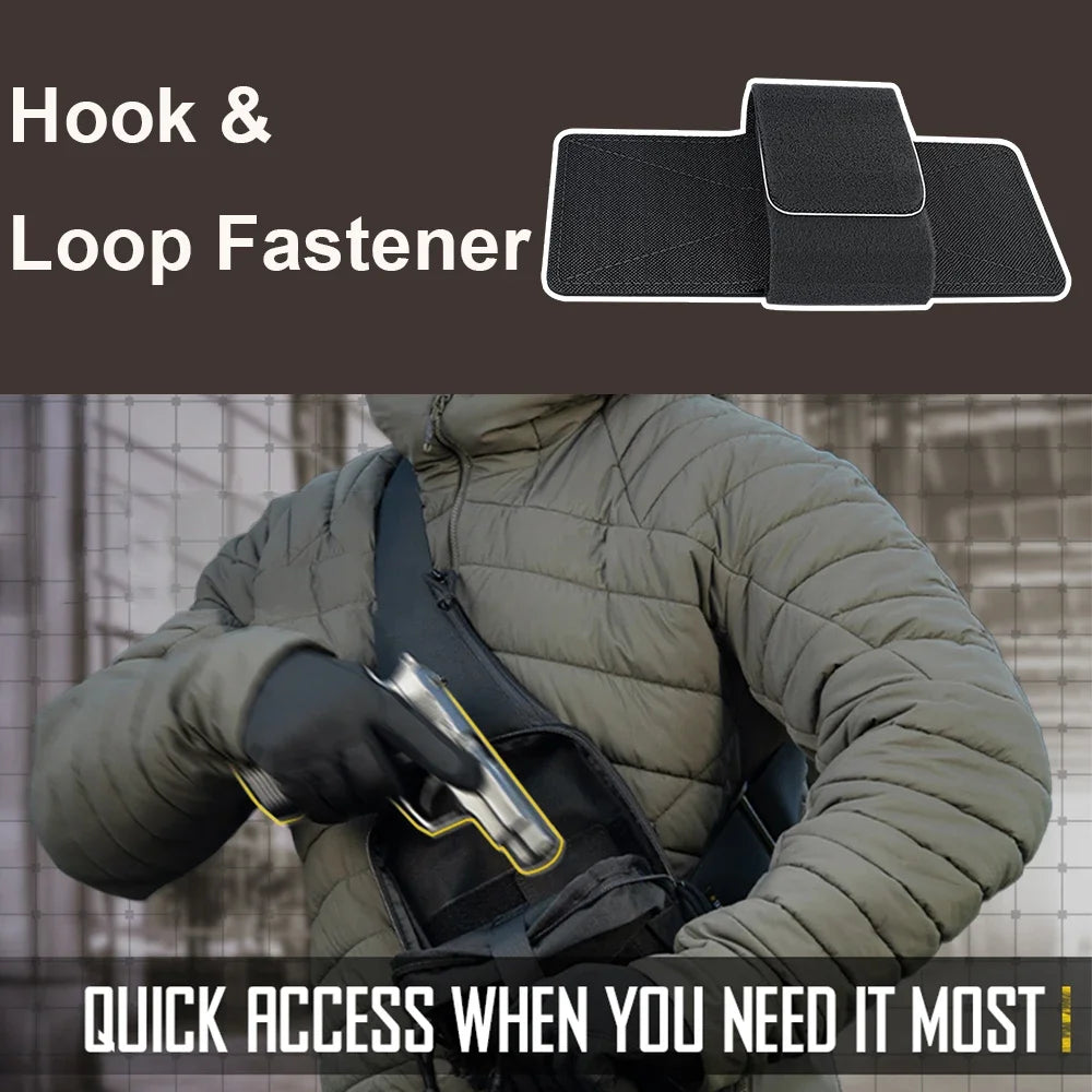 A hand is shown using a Hook & Loop Fastener on a black holster attached to a person's vest.