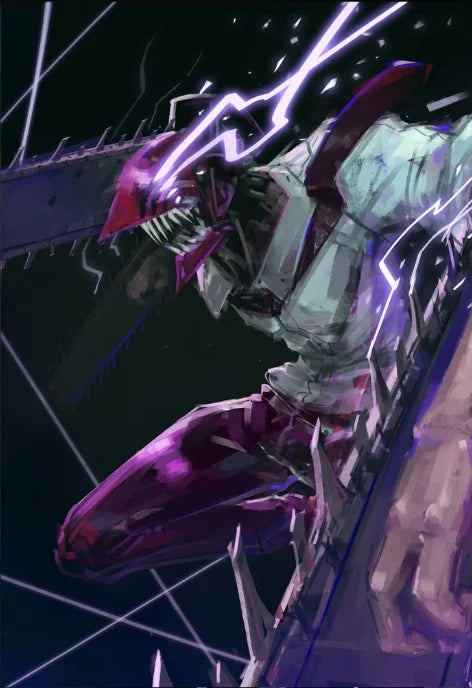 A stylized anime character resembling Chainsaw Man with purple glowing lines against a dark background.