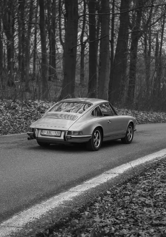 Une Porsche 911 argentée roule sur une route entourée d'une forêt dense en noir et blanc.