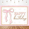 Pink bow tie birthday party backdrop banner featuring a pink ribbon and glitter accents on a pink and gold checkered backgrou