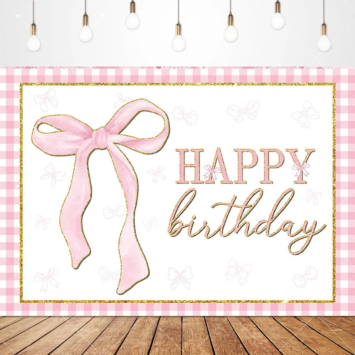 Pink bow tie birthday party backdrop banner featuring a pink ribbon and glitter accents on a pink and gold checkered backgrou
