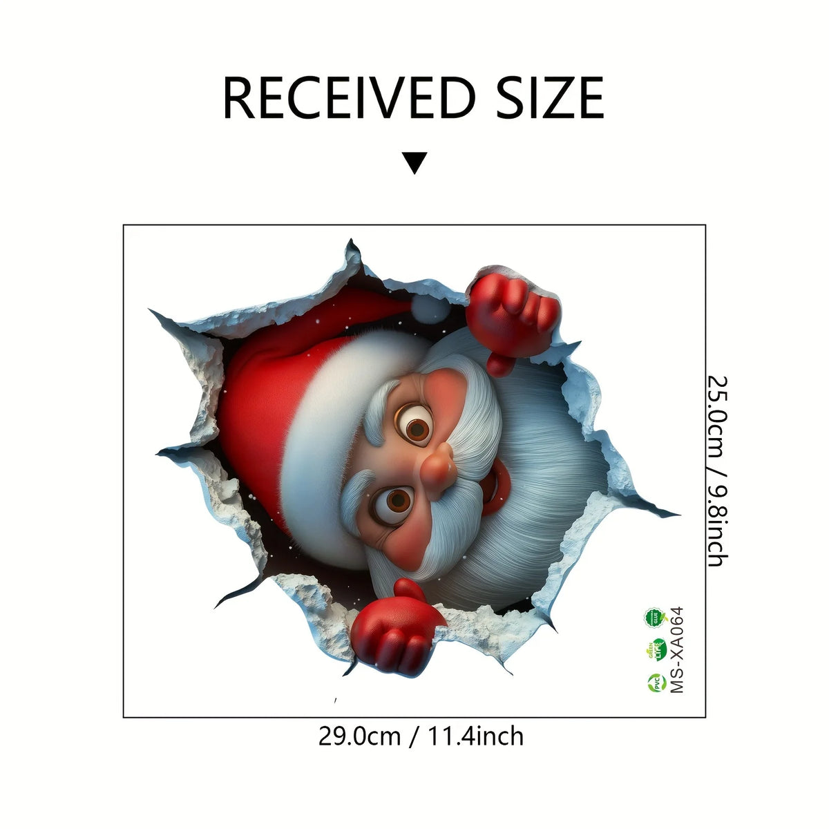 A festive Christmas Santa face cutout showing the received size of 29.0cm or 11.4inch.