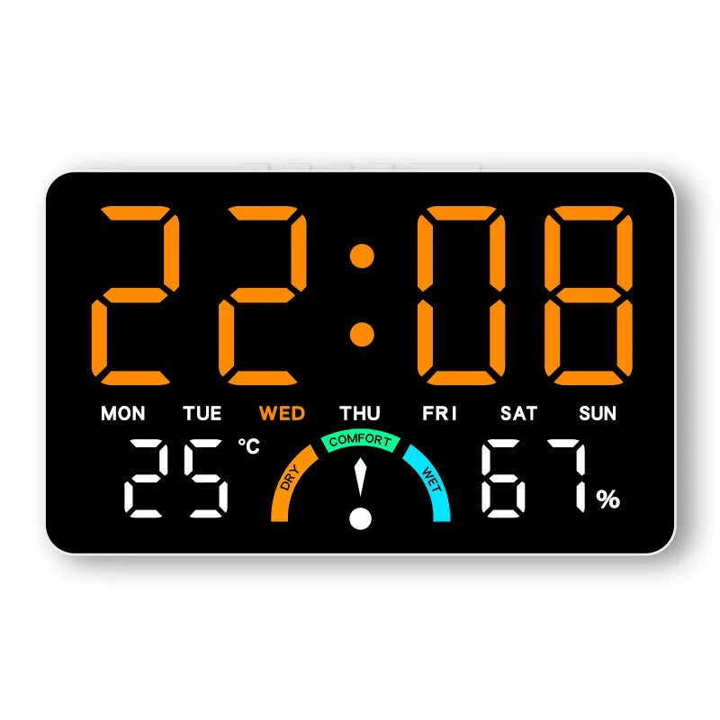 Digital alarm clock displaying 22:08, temperature, and humidity percentage.
