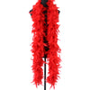 A bright red natural turkey feather boa displayed on a black hanger.