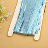 Blue metallic tinsel foil fringe curtain backdrop for parties displayed on a white card.