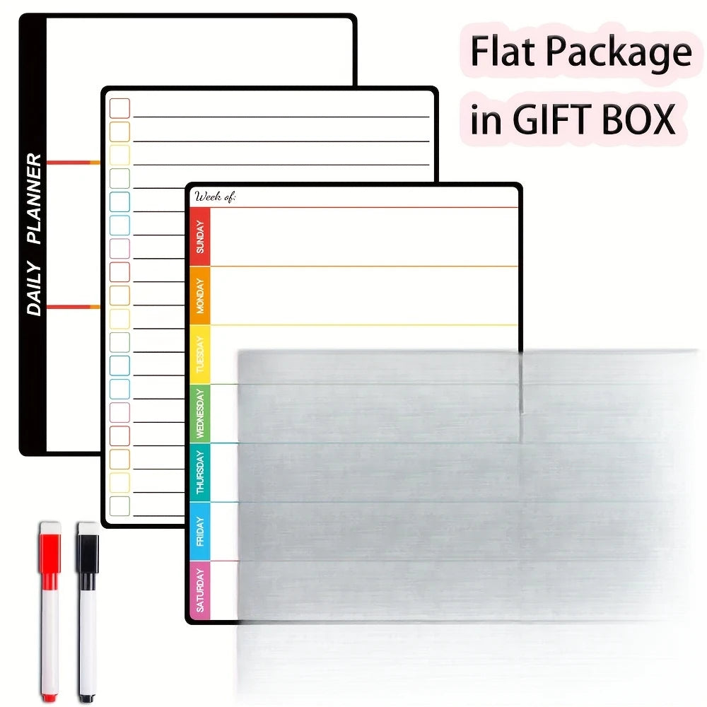 A flat package of a daily planner in a gift box with magnetic dry erase calendar pages visible.