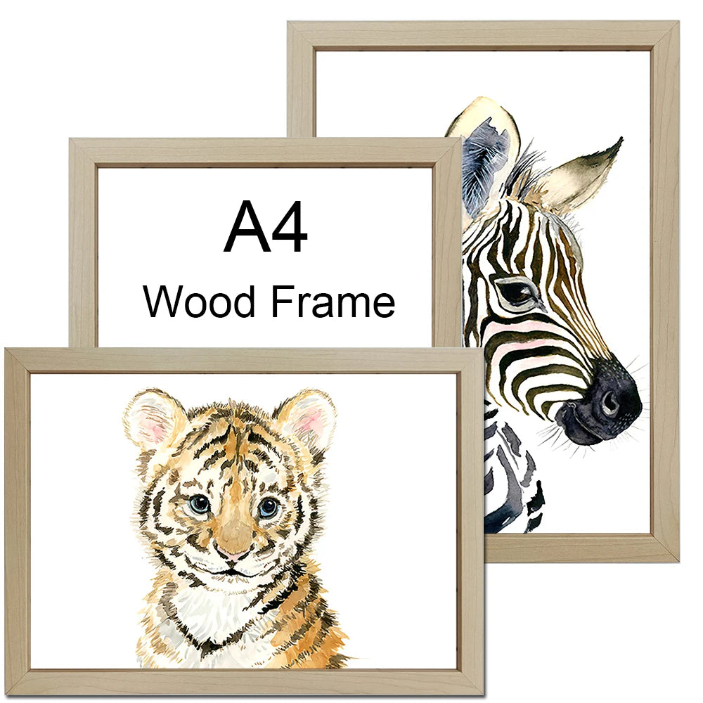 Two framed watercolor paintings featuring a tiger cub and a zebra head, displayed in wooden frames.