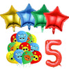 A set of colorful foil balloons and a red number balloon shaped like the numeral five for a birthday party.
