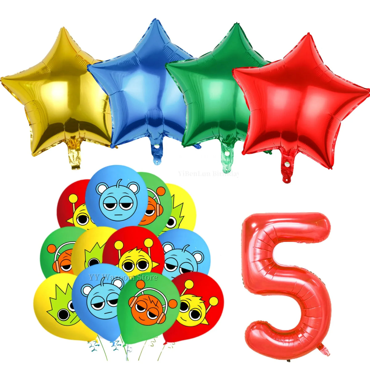 A set of colorful foil balloons and a red number balloon shaped like the numeral five for a birthday party.