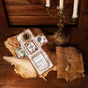 Handmade prayer quilt featuring a silver cross pocket shrine and wooden elements.