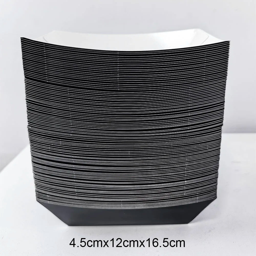 Stack of black disposable paper food trays with dimensions 4.5cm x 12cm x 16.5cm