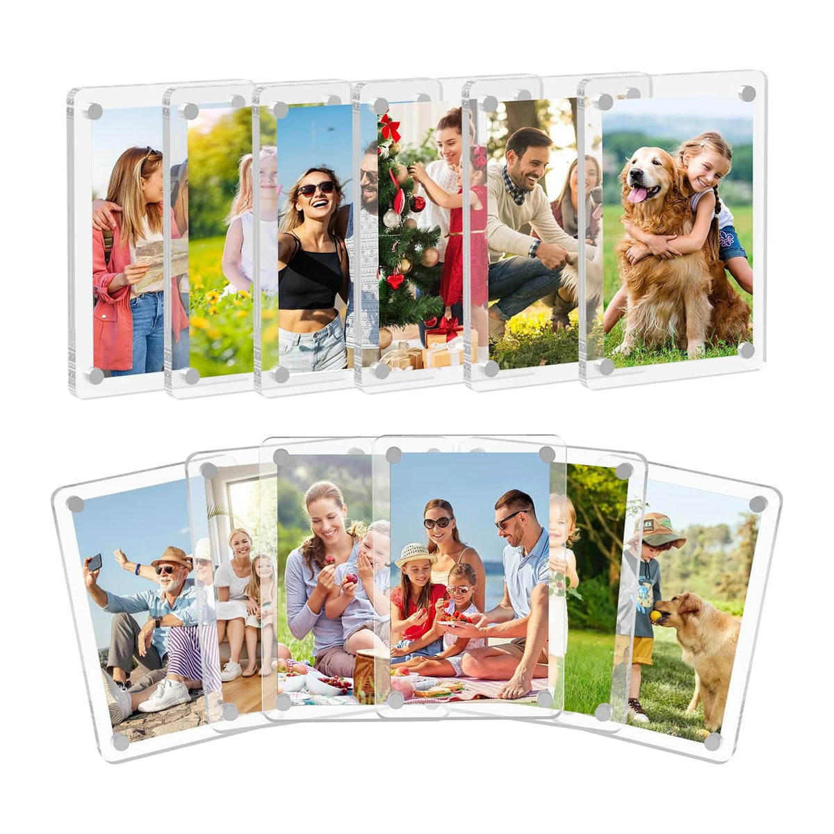 Six clear acrylic magnetic photo frames displaying family and pet portraits