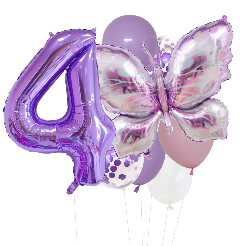 A set of purple foil balloons shaped like the number four and a butterfly, along with round balloons.