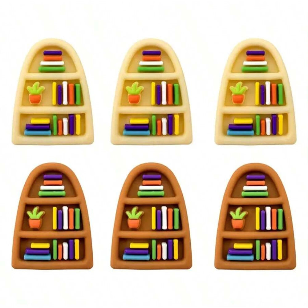 Six silicone bookshelf beads in natural and earthy tones, arranged in various colors and sizes for DIY projects.
