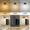 Three versions of a modern dimmable LED wall lamp with a swing arm shown above bathroom vanities.