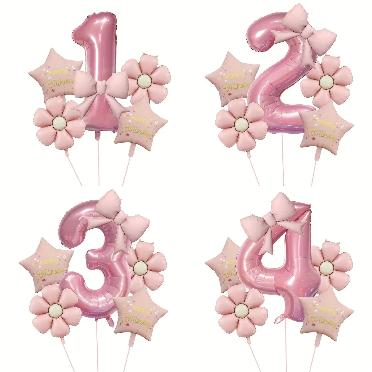 Assorted pink and gold foil balloons shaped like the number one, five, and four with bows