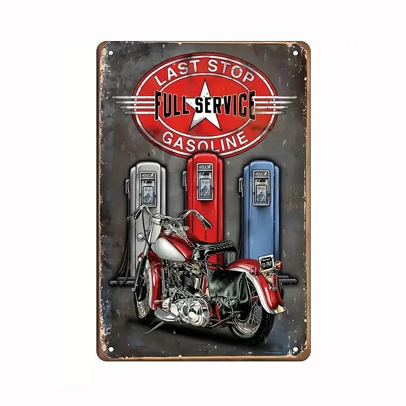 Vintage metal tin sign featuring a motorcycle and text advertising last stop full service gasoline.