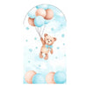 A watercolor illustration of a cute teddy bear holding balloons against a light blue sky background.