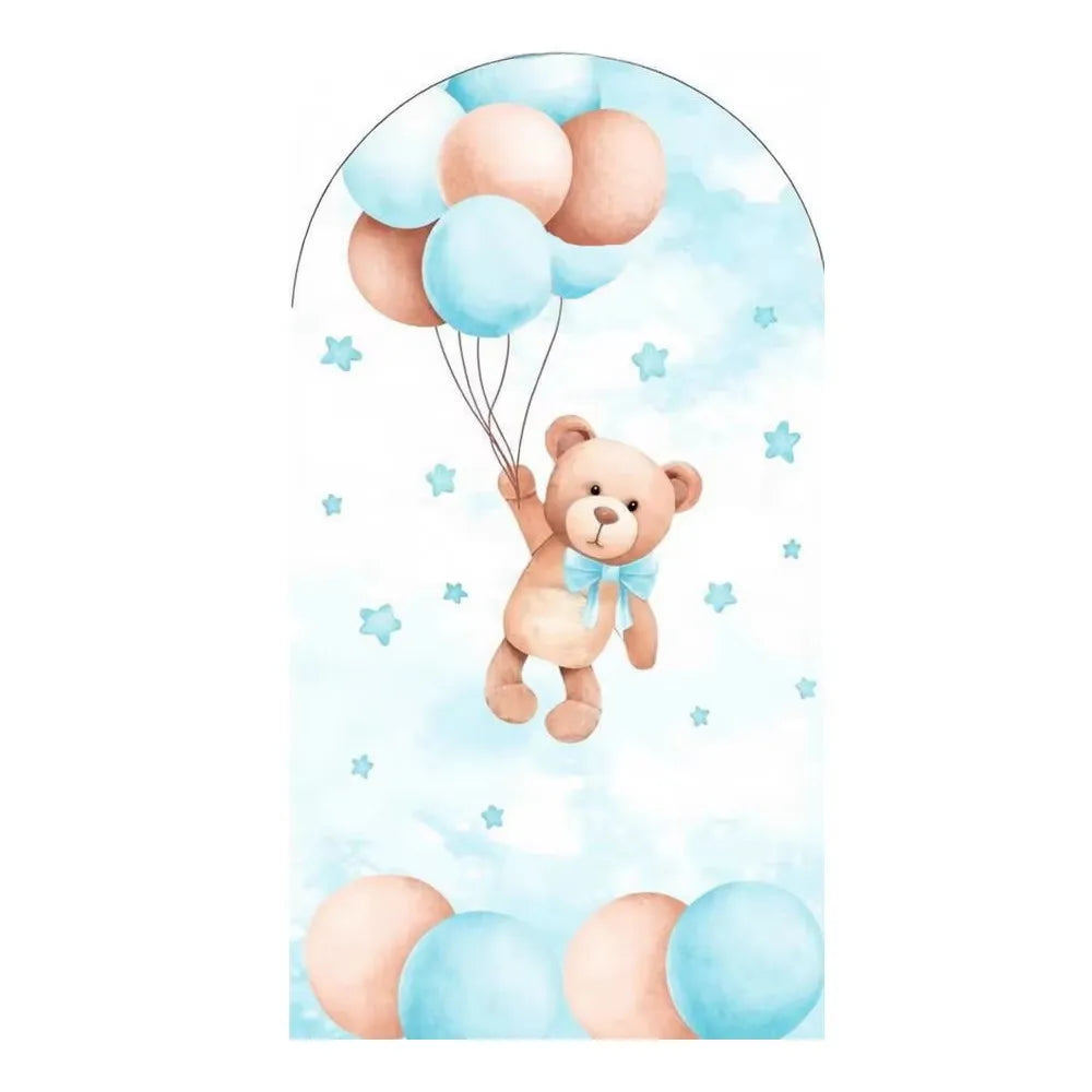 A watercolor illustration of a cute teddy bear holding balloons against a light blue sky background.