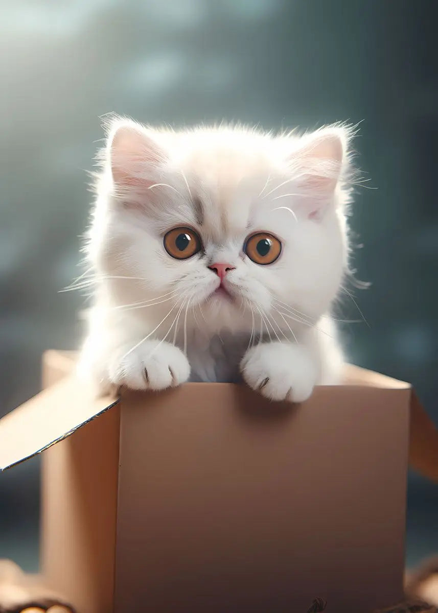 A fluffy, light orange and white Persian kitten peeks out of a cardboard box.