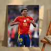 A poster featuring Lamine Yamal in a red soccer jersey with the number 19, displayed on a wall.
