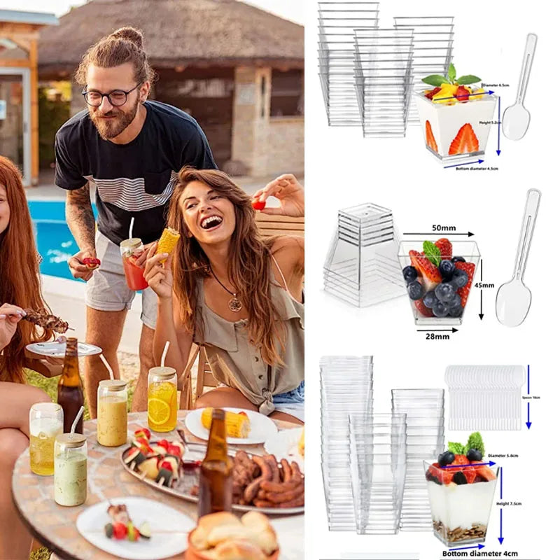 Clear square plastic dessert cups with spoons for reusable parfait and appetizer serving