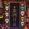 A vertical banner featuring colorful Day of the Dead skulls and flowers for Dia de Los Muertos decor.