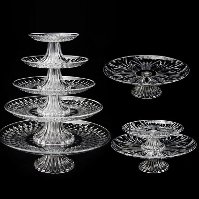 A set of clear acrylic serving plates for desserts, salads, and everyday entertaining, displayed against a black background.