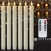 A set of white LED taper candles displayed vertically with close-ups showing the light and control features.
