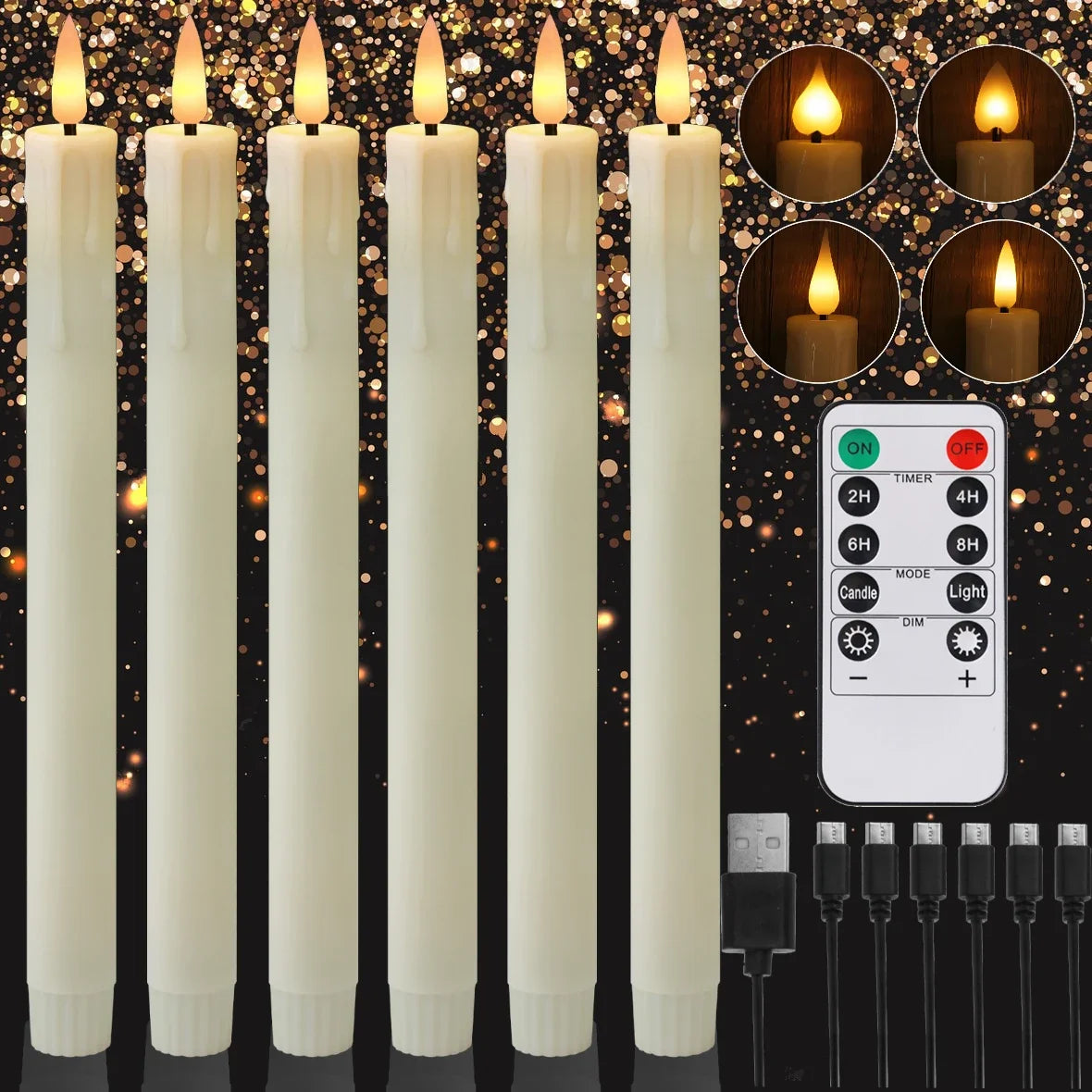 A set of white LED taper candles displayed vertically with close-ups showing the light and control features.