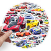 A collection of colorful retro car decals featuring various sports cars and vehicles.