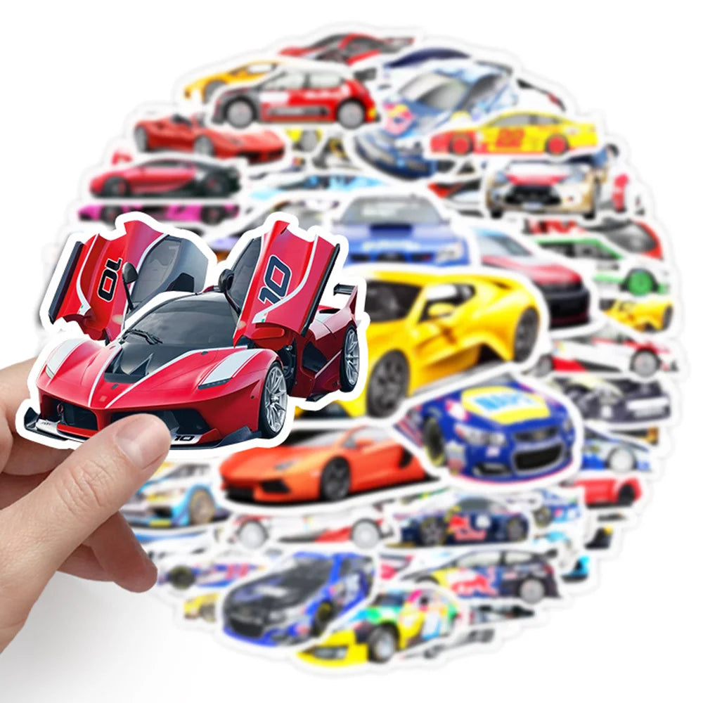 A collection of colorful retro car decals featuring various sports cars and vehicles.