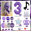 A set of purple and iridescent balloons, including a number three balloon column, star balloons, and various colored balloons