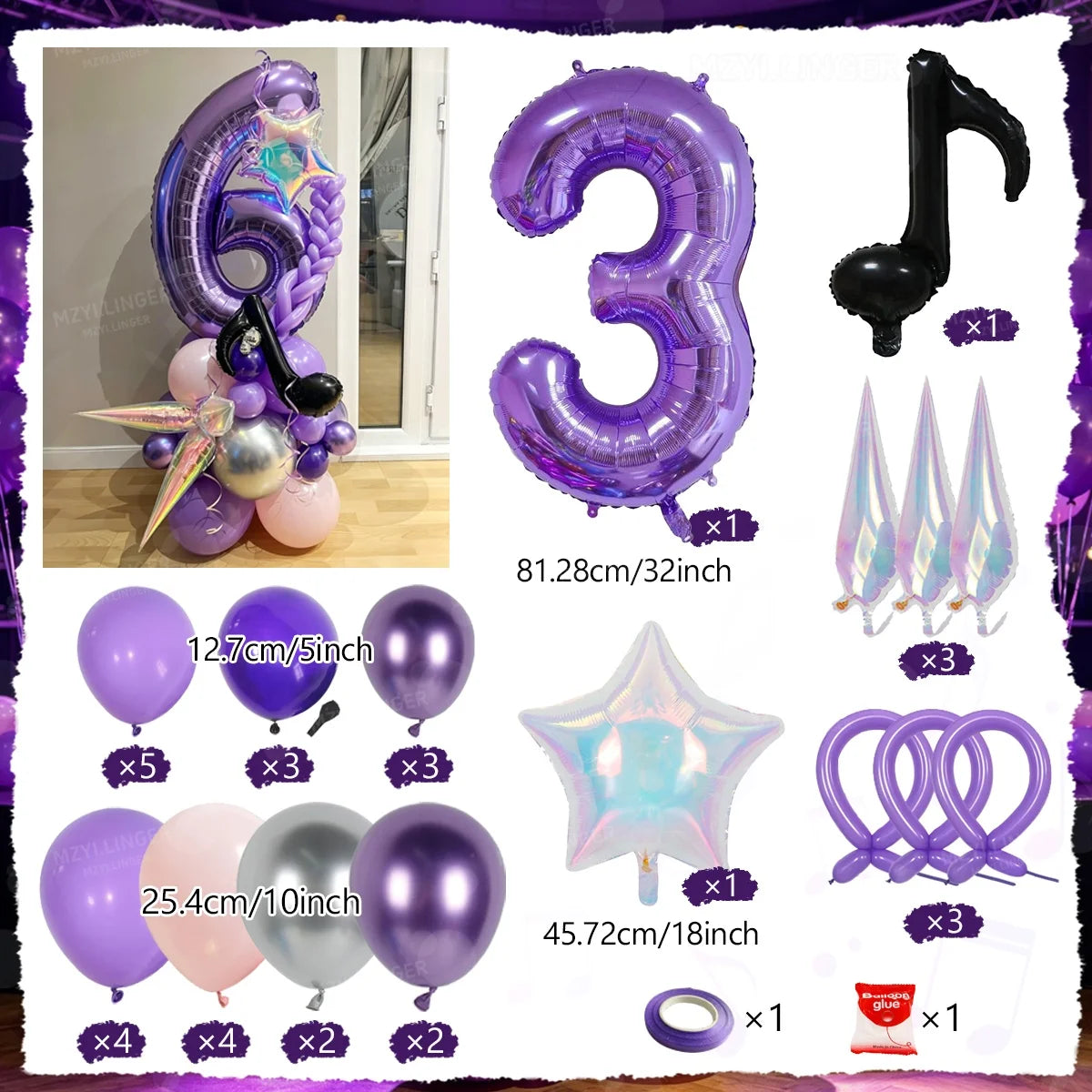 A set of purple and iridescent balloons, including a number three balloon column, star balloons, and various colored balloons