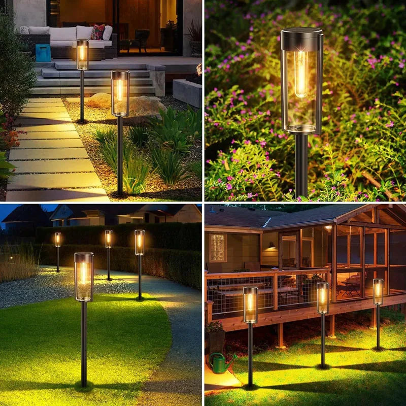 A set of retro solar pathway lights illuminating a garden path and outdoor decor.