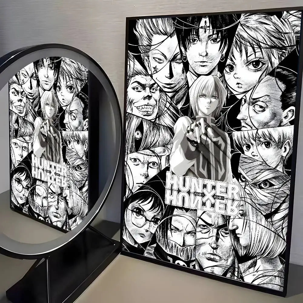 A framed canvas wall art featuring a collage of intense facial expressions from the Hunter x Hunter anime.