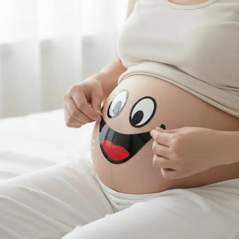 امرأة حامل تظهر ملصق على بطنها على شكل وجه كرتوني مبتسم.