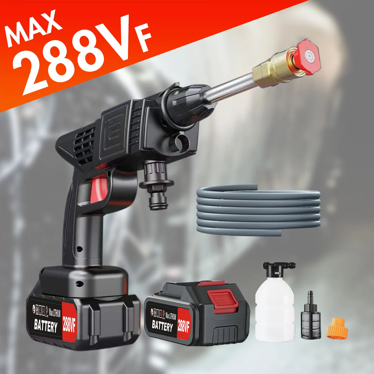 A black cordless electric pressure washer unit with a battery and a spray nozzle, shown against a gray background.