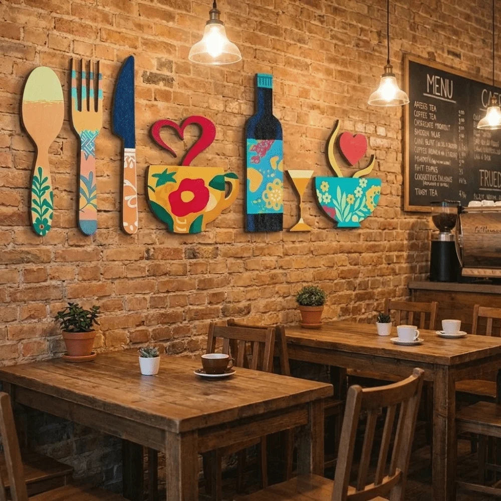A set of rustic wood floral kitchen decor featuring various utensils and decorative items mounted on a brick wall.